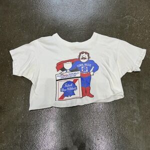 Vintage Pabst Blue Ribbon Shirt Mens Large Cool Blue Beer Cropped Graphic Tee